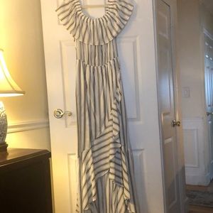 Off or on the shoulder long dress striped ruffled around top of dress